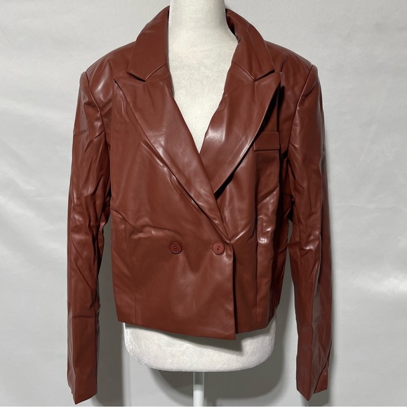 New Area Stars Faux Leather Double Breasted Cropped Jacket Brown Size Large - Picture 5 of 16